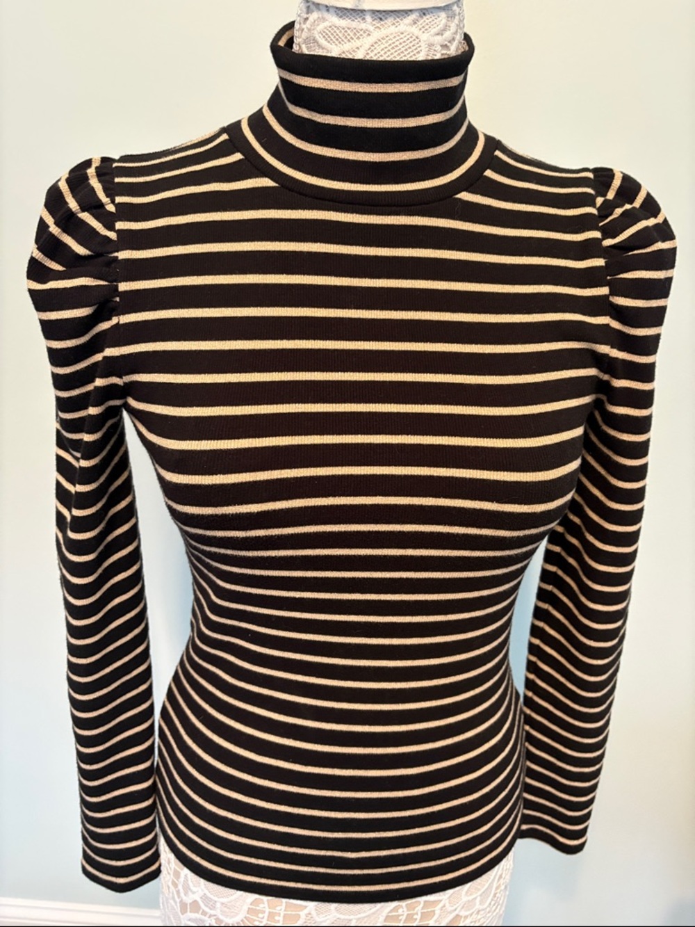 J. Crew Black and Cream Striped Turtleneck Sweater Size XS